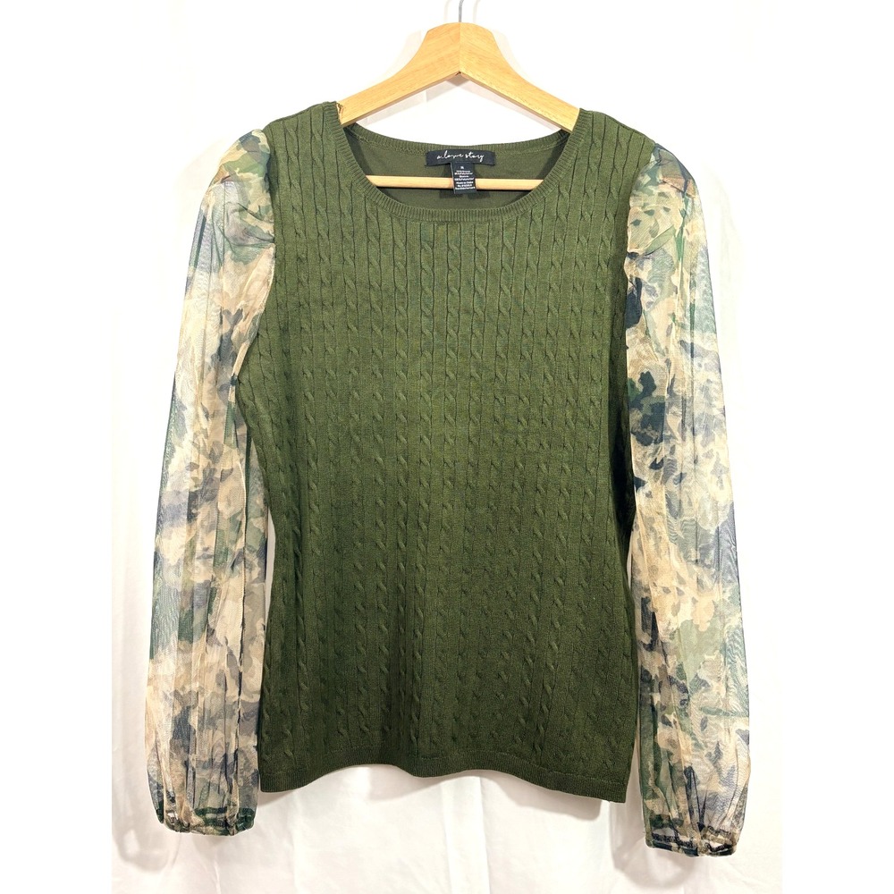 Women's Green‎ Sweater Sheer Floral Long Sleeves, Rayon Blend-Feminine, Size M